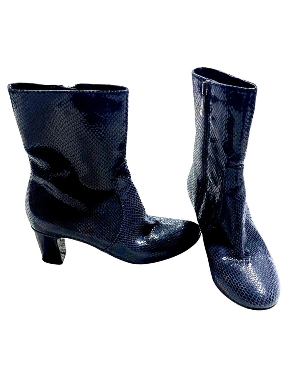 Aquatalia Boots Snake Print Stacked Heel Womens Sz 6 Blue Made in Italy Reptile